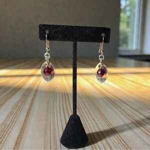 Chainmail Silver Scale with Red Glass Bead Dangle Earrings